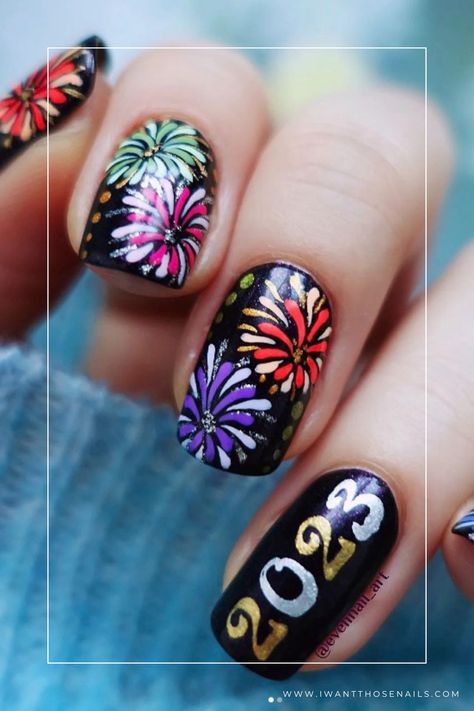 Firework Nails Nail Ideas For The New Year, New Years Nail Designs Fireworks, Fire Work Nail Art, Celebration Nail Designs, Fire Works Nail Design, Nail Art Fireworks, New Years Nail Art Designs, Firework Nail Design, New Year's Nails Design