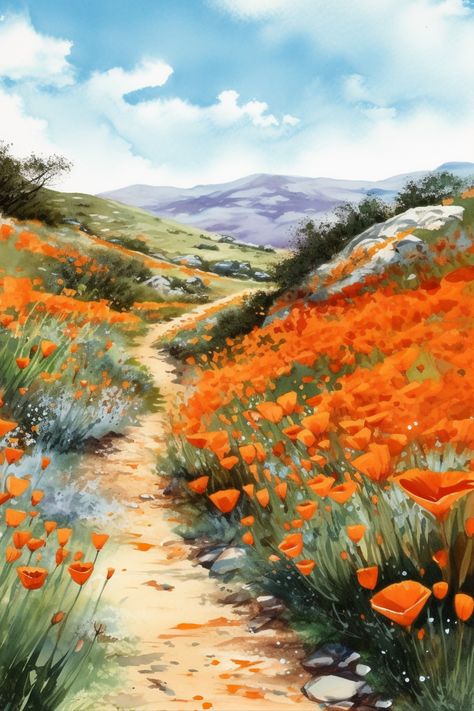 California Poppy Painting Acrylic, California Coast Watercolor, Watercolor California Poppy, Orange Painting Aesthetic, California Poppy Drawing, California Poppy Painting, Poppy Flower Watercolor, Fork Painting, California Poppy Flower