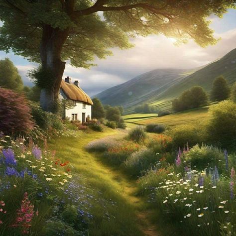 A cottage in the meadows Cottage In Meadow, Cabin In Meadow, House In A Meadow, Meadow Cottage, Cottage Forest, Fantasy Fields, Cosy Cottage, Witch Cottage, Fantasy House