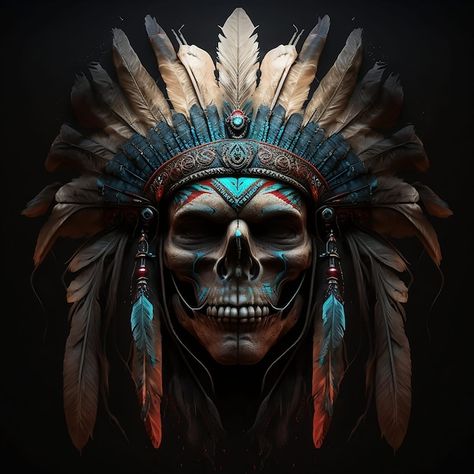 Appache Tattoos, Skull Indian Headdress Tattoo, Indigenous Headdress, Native American Skull Tattoo, Apache Tattoo, Native American Queen, Apache Art, Indian Headdress Tattoo, Indian Chief Tattoo