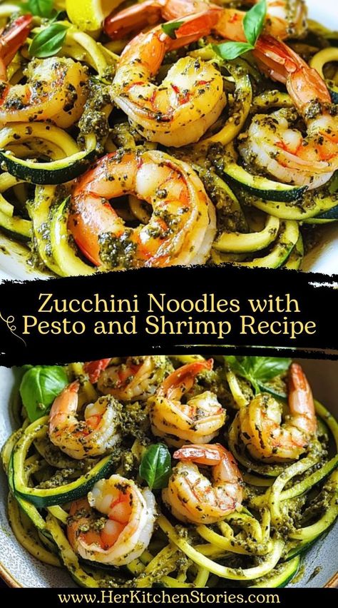 This Shrimp Scampi with Zucchini Noodles is a lighter twist on a classic favorite! Garlic butter shrimp over fresh zucchini noodles makes a quick and healthy meal. Shrimp Scampi With Zoodles, Shrimp Scampi With Zucchini Noodles, Shrimp Scampi Zoodles, Olive Pesto, Zucchini Noodles With Pesto, Shrimp Zucchini, Pesto Spinach, Pesto Shrimp, Pesto Cheese