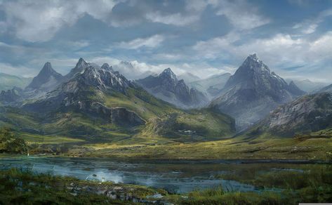 Mountains, River, Grass, Pasture, Valley, #Mountains, #River, #Grass, #Pasture, #Valley Dnd Backgrounds, Book Giveaway, Fantasy Authors, Mountain Valley, Landscape Concept, Mountain Canvas, Mountain River, Fantasy Setting, Fantasy Places