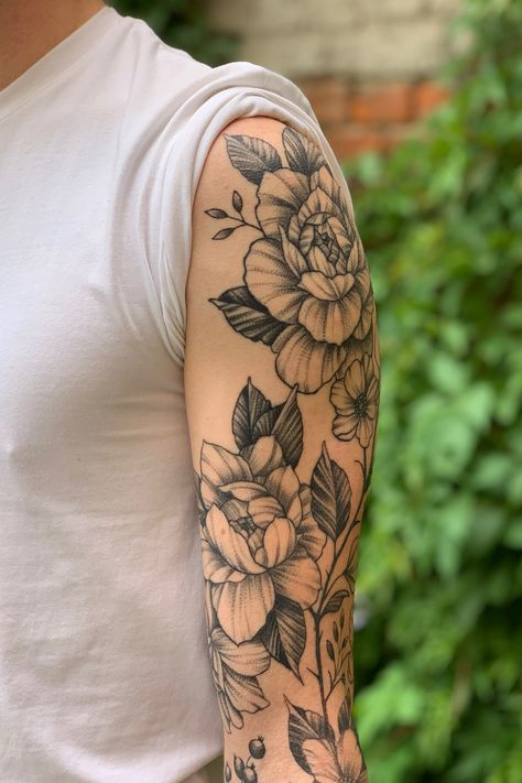 Details of healed floral sleeve #blackwork #dotwork #whipshading #floral #flowers #botanical #peony #sleeve #floralsleeve #blackworksleeve | By Kamil Arthur | Jul 26th 2020 | 1419328 Peony Flower Sleeve Tattoo, Floral Arm Tattoo Sleeve Men, Sleeve Tattoos For Guys Flowers, Thick Floral Tattoo, Peony Flower Tattoo Design Sleeve, Flowers Full Sleeve Tattoo, Arm Garden Tattoo, Peony Arm Sleeve Tattoo, Peony Arm Sleeve