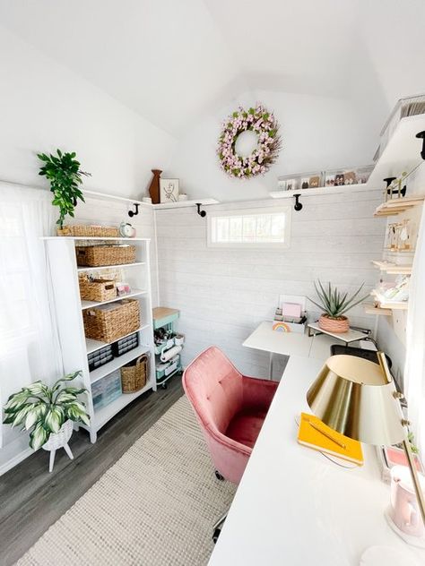 Transforming a Backyard Shed into a Design Studio Shed Design Interior, Small She Shed Interiors, Shed Home Office Ideas, She Shed Office Ideas, Craft Shed Ideas, She Shed Craft Room Ideas, Shed Interior Design Ideas, Shed Office Ideas, She Shed Interior Ideas