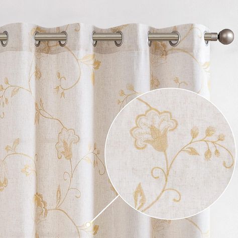 These semi-sheer beige and gold floral curtains are perfect for any room. Made of linen to be light with gold embroidery, they give a beautiful cottage aesthetic to your room. They come in a variety of sizes and colours so suit any home. Click the link for more information. #ad #curtains #beige #floral #gold #embroidery #decor #cottage #cottagecore #linen #sheer #drapes Burlap Drapes, Embroidery Window, Modern Farmhouse Curtains, Textured Curtains, Embroidered Curtains, Curtains Floral, Insulated Drapes, Ivory Curtains, Cream Curtains