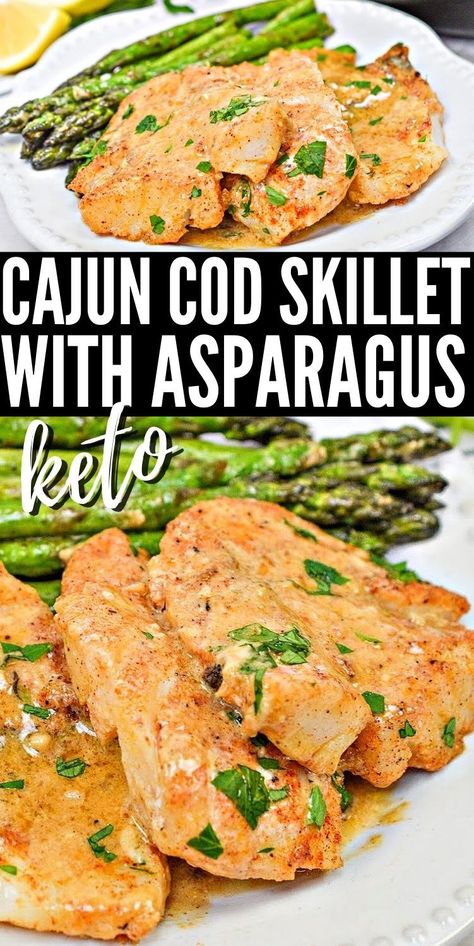 Keto Cajun Cod Skillet With Asparagus - Every bite is a pure delight! Spicy chili mix with a luxurious cream sauce to make an unforgettable keto Cajun cod skillet meal. #keto #Ketodiet #Ketorecipes #ketocajuncod #ketocreamsauce #ketocreamsauce #codfish #seafood #skilletmeals #healthyrecipes #dinnerideas #food #recipes Cajun Cod, Cod Recipes Healthy, Keto Skillet, Cod Fish Recipes, Cod Recipes, Fish Dinner, Colorful Salads, Spicy Chili, Healthy Drinks Recipes