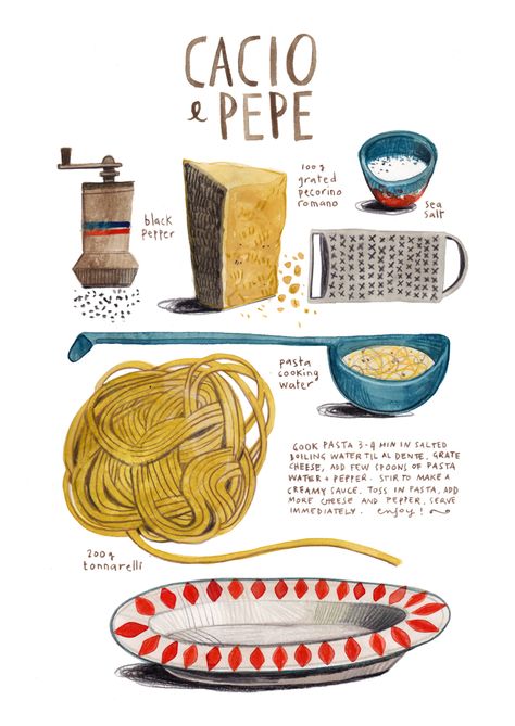 a little reprise in honour of an old favourite of mine, the deceivingly simple cacio e pepe. deceiving because, to make a good creamy caci... Felicita Sala Illustration Food, Illustrated Food Recipes, They Draw And Cook, Pasta Recipe Illustration, Felicita Sala Illustration, Illustrated Recipes Drawings, Watercolor Recipe Illustration, Recipe Book Illustration, Food Recipes Illustration