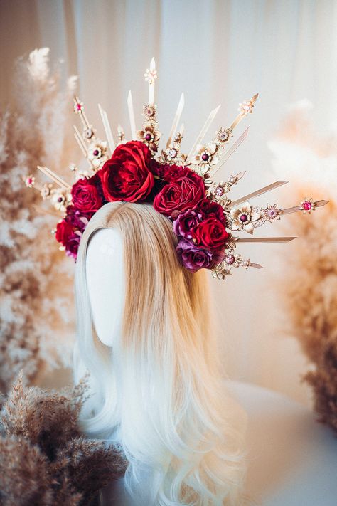 Red Flower Crown Bridal Headpiece Flower Headband Gold - Etsy Australia Flower Halo Headband, Crown Goddess, Flower Hair Crown, Red Flower Crown, Headpiece Flower, Goddess Crown, Headband Gold, Flower Headdress, Halo Crown