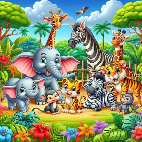 Jungle Animals Drawing, Jungle Pictures, Jungle Cartoon, Jungle Images, Jungle Animal Art, Jungle Theme Birthday Party, Blue Jeep, Jungle Art, School Painting