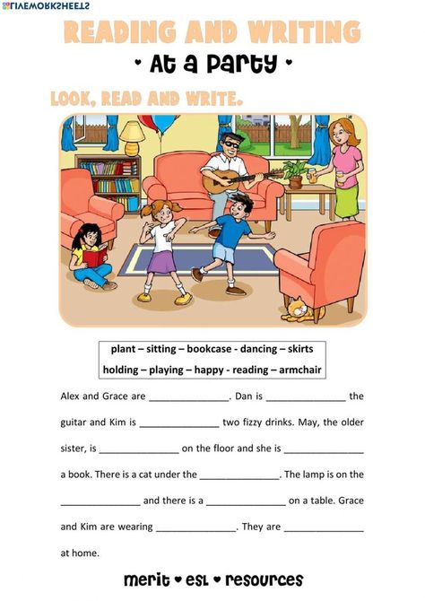 Reading and Writing - At a Party - Interactive worksheet | Reading comprehension for kids, English lessons for kids, Reading comprehension kindergarten Picture Composition For Grade 4 English, Picture Comprehension Grade 2, Picture Reading For Kids, Picture Composition For Grade 3, Picture Composition For Class 2, Reading And Writing Worksheets, Writing Comprehension, Picture Comprehension, First Grade Reading Comprehension