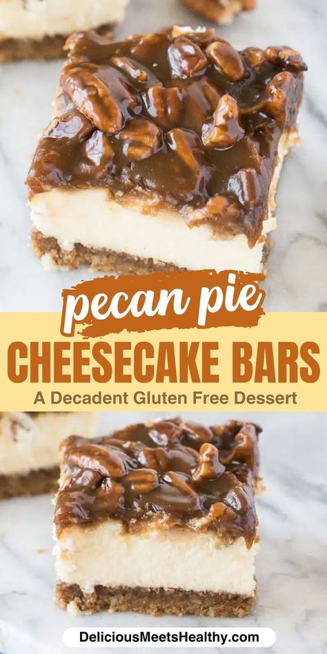 These pecan pie cheesecake bars are the perfect easy dessert for Thanksgiving! A delicious blend of creamy cheesecake and sweet pecan pie – sure to be a hit with everyone. Pecan Pie Topping, Pecan Pie Cheesecake Bars, Pecan Pie Cheesecake Recipe, Pie Topping, Buns In My Oven, Pecan Pie Cheesecake, Pecan Cheesecake, Pie Cheesecake, Creamy Cheesecake