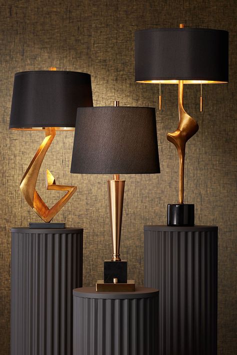 Black & Gold 🖤 💛 Black shades bring such a bold sense of style & luxury to these already stately gold table lamps. Use in the bedroom or living room for a rich sense of lighting luxury. Luxury Table Lamps Living Room, Luxury Lamps Living Room, Black Lamp Shades Living Room, Black And Gold Table Lamp, Table Lamps Living Room Modern, Gold Accessories Living Room, Black And Gold Lamps, Lamp Ideas For Living Room, Black Gold Living Room