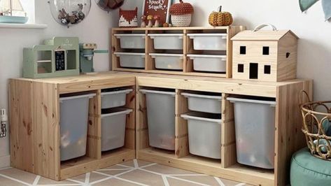 From produce storage to rotating shelves, there's more to IKEA's affordable Trofast line than just toy storage. These DIY hacks are both simple and stylish. Ikea Trofast Corner Hack, Trofast Stacked, Trofast Corner, Trofast Hack Playrooms, Corner Toy Storage, Rotating Shelves, Toy Corner, Trofast Ikea, Toddler Boy Room Decor