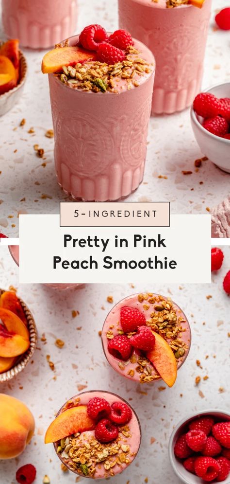 Creamy and delicious peach smoothie made with 5 simple ingredients for a refreshing, filling breakfast or snack! This easy peach smoothie recipe gets a boost of protein from greek yogurt and has the perfect amount of sweetness from ripe peaches and berries. Enjoy as is or add your fav nutritional boosters! #smoothie #peaches #peachsmoothie #healthybreakfast #healthysnack Peach Smoothie Recipes, Peach Smoothie, Turmeric Smoothie, Sweet Smoothies, Ambitious Kitchen, Dairy Free Yogurt, Best Smoothie Recipes, Raspberry Smoothie, Yogurt Smoothies