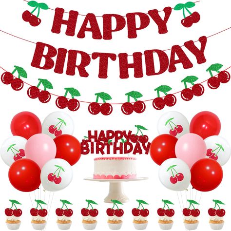 PRICES MAY VARY. Cherry Theme Set: 1*cherry theme happy birthday banner(15pcs/89.9inch), 1*cherry theme banner(8pcs/42.9inch), 1*cake topper(2.9inch), 12*cupcake toppers, 18*latex balloons(12inch) and additional assembly tools. Celebrate with Vibrant Color: Our vibrant red latex balloon arch kit will bring a riot of color to your cherry themed birthday party. High quality latex balloons are sure to impress your guests and create a fun atmosphere. Chic Design: Our banners and cupcake toppers are Cherry Party Theme, Cherry Themed Party, Cherry Birthday Party Theme, Birthday Party Decorations Red, Cherry Birthday Party, Birthday Banner Cake Topper, Cherry Birthday, Cherry Party, Cherry Theme