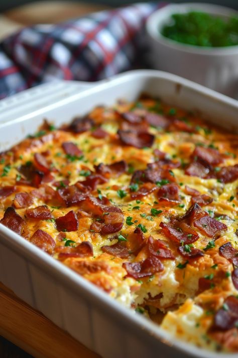 Looking for a delicious breakfast idea? Try this mouthwatering bacon breakfast casserole recipe that the whole family will love. It's easy to make and perfect for special mornings or holidays. Packed with savory flavors, this casserole is sure to become a favorite in your home. Get ready to impress your guests with this scrumptious dish! Why settle for plain old breakfast when you can enjoy the savory goodness of bacon combined with cheesy, fluffy eggs baked to perfection? Cheesy Baked Eggs For One, Breakfast For Dinner Ideas Bacon, Savory Baked Breakfast, Ward Breakfast Ideas, Breakfast For Dinner Casserole, Breakfast Bombshell Recipes, Breakfast Bacon Casserole Recipes, Breakfast Casserole Savory, Bacon Egg Bake Recipes