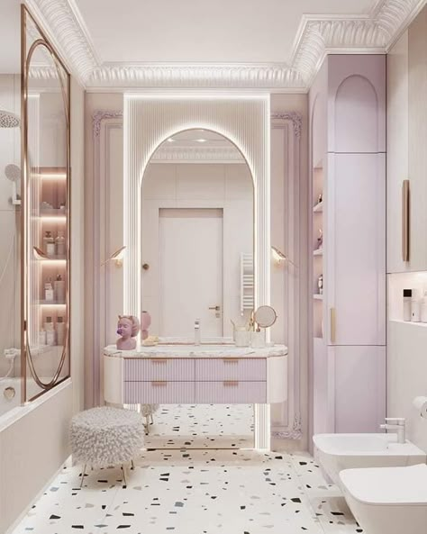 Baby Pink Bathroom, Bathroom Design Pink, Pink Bathroom Design, Pastel Interior Design, Kids Bathroom Design, Bedroom Pop Design, Girls Room Design, Sophisticated Bathroom, Luxury Furniture Design