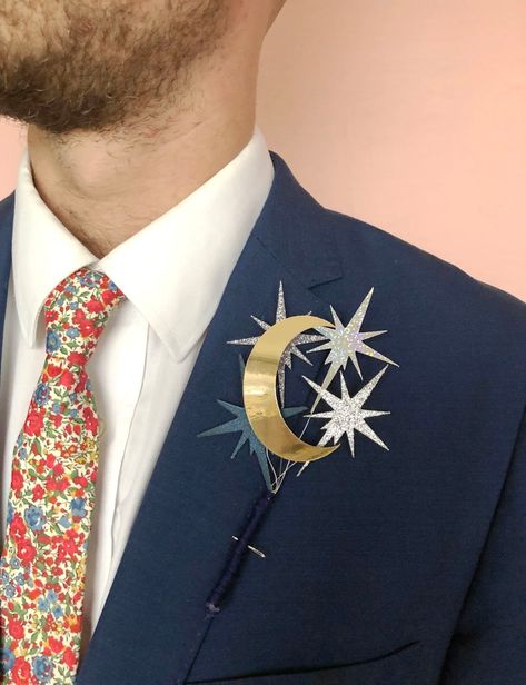 Celestial Wedding Buttonhole Moon and Stars Boutonniere | Rachel Emma Studio Constellation Wedding, Celestial Wedding Theme, Starry Wedding, Night Wedding Decor, Galaxy Wedding, Starry Night Wedding, Wedding Cake Toppers Unique, Button Holes Wedding, Moon Wedding