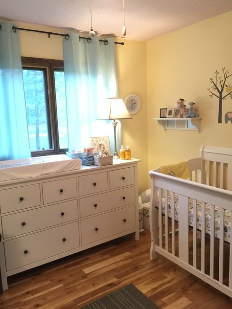 Evan's nursery is complete! Wall color: Benjamin Moore - Filtered Sunlight, Curtains - TJ Maxx, Dresser from Ikea Hemnes collection, Crib - Amazon.com Stork Craft Lamp, shade from Shopko, base from Target, Changing pad from Target, Baskets on Dresser from Kohl's, Yellow nursery  Baby boy nursery Yellow Boy Nursery, Yellow Baby Room, Baby Room Design Boy, Boy Nursery Colors, Baby Boy Nursery Colors, Baby Boy Bedroom, Baby Boy Nursery Decor, Yellow Nursery, Ikea Hemnes