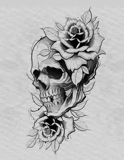 Skull With Sunflowers Tattoo, Skull Tattoo Design Women, Skull With Roses Drawing, Skull And Roses Tattoo Design, Skull With Rose Tattoo, Skull And Flowers Tattoo Design, Skull And Rose Tattoo Design, Skull With Roses Tattoo, Realistic Skull Tattoo