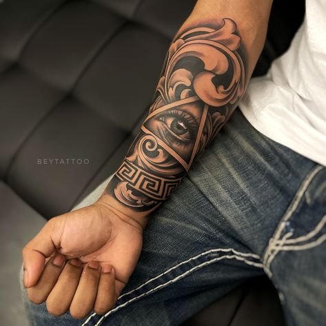 Illumination Tattoo Design, Half Sleeve Tattoo For Men Forearm, Men’s Top Arm Tattoo, Men’s Tattoo Ideas Forarm, Inner Arm Full Sleeve Tattoo, Left Arm Tattoo Men Full Sleeves, Outter Arm Tattoo Men Sleeve Black, Inside Forearm Tattoo For Men, Tattoo Hombre Brazo