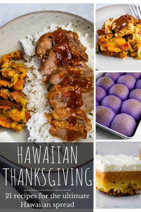 Turkey Jook Recipe Hawaii, Hawaiian Thanksgiving Decorations, Tropical Thanksgiving Recipes, Surf And Turf Thanksgiving, Hawaiian Vegetable Sides, Thanksgiving Recipes Asian, Tropical Christmas Dinner, Hawaii Thanksgiving Recipes, Filipino Thanksgiving Recipes