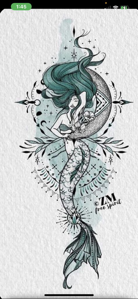 Koi Fish And Mermaid Tattoo, Mermaid Tattoo Thigh Sirens, Water Witch Tattoo Ideas, Ocean Back Tattoos For Women, Siren Goddess Tattoo, Ocean Tattoos Mermaid, Mermaid Upper Arm Tattoo, Sagittarius Mermaid Tattoo, Mermaid Dragon Tattoo