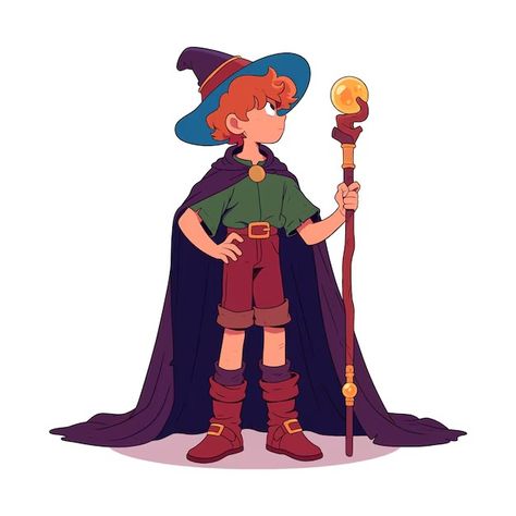 Premium Vector | Free vector of a cute boy wearing a bag and smiling Wizard Outfit Drawing, Witch Boy Art, Wizard With Wand, Wizard Clothes, Wizard Drawings, Wizard Design, Witch Boy, Cute Wizard, Small Boy