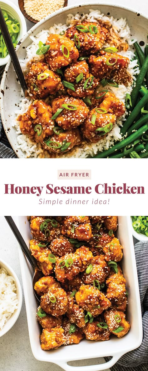 This saucy, delicious air fryer honey sesame chicken is ready in 30 minute and tastes deep-fried, but it's actually made in the air fryer! Chicken Air Fried Recipes, Air Fried Honey Chicken, Air Fried Sesame Chicken, Air Fryer Honey Sesame Chicken, Air Fry Asian Chicken, Airfryer Honey Chicken, Dinner Recipe Air Fryer, Air Fried Honey Garlic Chicken, Asian Chicken Recipes Air Fryer