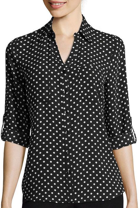 By & By 3/4-Sleeve Button-Front Polka-Dot Shirt ($46) Polka Dot Blouse Outfit, Fashion Tops Blouse, Polka Dot Shirt, Polka Dot Blouse, Button Front Shirt, Polyvore Outfits, Fashion Tops, Shirt Blouses, Polka Dot