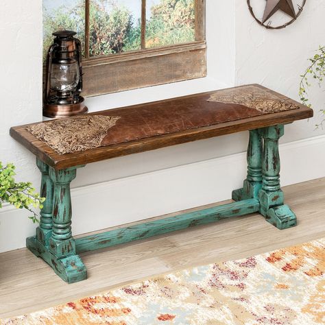 Turquoise Creek Tooled Leather Bench Green And Burnt Orange, Southwest Furniture, Pine Bench, Rustic Entry, Ranch Furniture, Vintage Flamingo, Ranch House Decor, Texas Decor, Entry Furniture