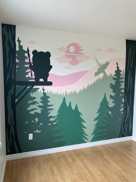 Star Wars Bedroom Wallpaper, Star Wars Baby Room Mural, Boho Star Wars Room, Starwars Nursery Mural, Star Wars Themed Nursery Girl, Starwars Theme Room, Star Wars Mural Diy, Boy Star Wars Nursery, Endor Themed Room