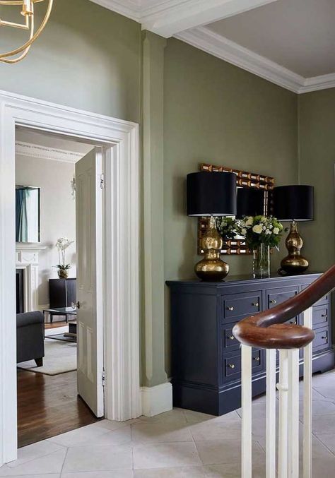 Light Green Hallway, Hallway Colour Ideas, Hallway Paint Colors, Hallway Paint, Hallway Walls, Hallway Colours, Green Hallway, French Gray, Hallway Designs