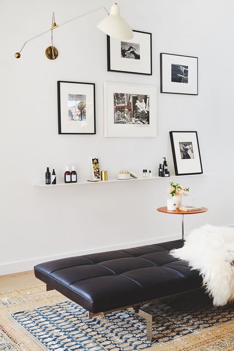 The Line Apartment, Black Daybed, Leather Daybed, Farmhouse Side Table, Cute Dorm Rooms, Framed Pictures, Crown Heights, Room Transformation, Desk Shelves