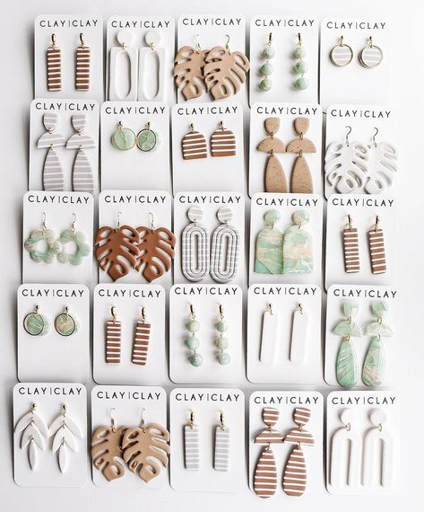 CLAY|CLAY on Instagram: “Here is the full line-up for Saturday's Sun-Kissed Collection launch! The newest additions shown here are the pure white styles which I…” Moulding Clay Earrings, Clay Earring Collection, Basic Polymer Clay Earrings, Clay Earring Shapes, Polymer Earrings Ideas, Clay Earrings Design, Clay Earrings Ideas, Polyclay Earrings, Earing Inspiration