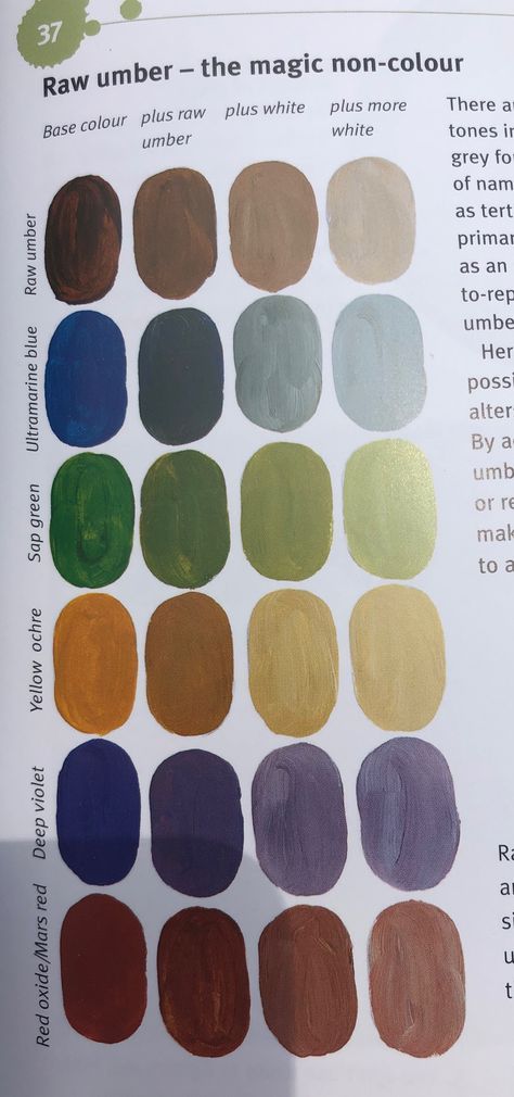 Raw umber reduces intensity of colors without making it paler (as white does) Raw Umber Painting, Landscape Tutorial, Color Mixing Guide, Raw Color, Color Mix, Mix Color, Color Charts, Art Tutorial, Color Chart