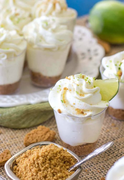 Cheesecake Dessert Shooters, Shooters Recipes, Key Lime Pie Cheesecake, Lemon Lush Dessert, Dessert Shooters Recipes, Cheesecake Shooters, Chocolate Mousse Desserts, Key Lime Pie Bars, Raspberry No Bake Cheesecake