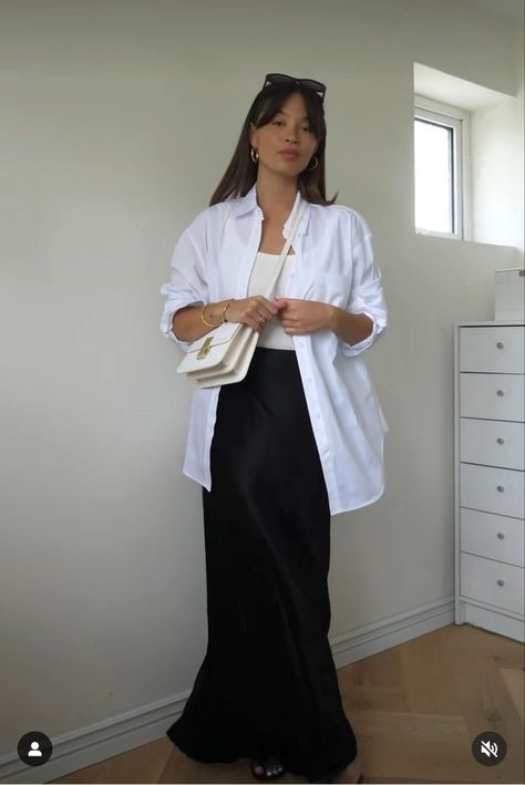 Light Medium Dark Outfit, Maxi Skirt Button Down Shirt, Satin Skirt White Shirt, Work Outfits Women Long Skirt, Long Skirt And Blouse Outfit, White Maxi Shirt Outfit, Black Linen Skirt Outfit Summer, Long Black Skirt Work Outfit, Black Linen Maxi Skirt Outfit