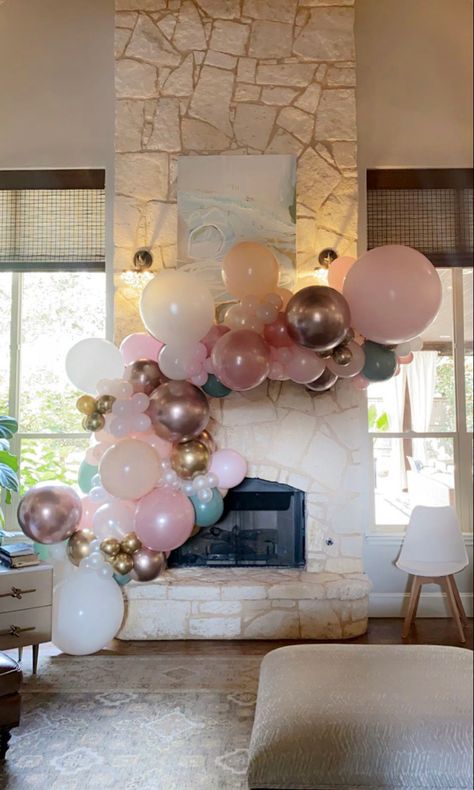 Balloon Garland On Mantle, Balloon Arch On Mantle, Balloons On Mantle, Balloon Mantle, Balloon Fireplace, Ballon Arch On Fireplace, Fiesta Balloons Garland, Mantle Balloon Garland, Balloon Arch Mantle