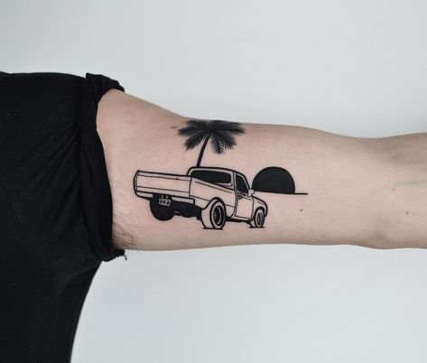 Pickup Truck Tattoo, Truck Tattoos, Trucker Tattoo, Lego Tattoo, Truck Tattoo, Black Sunset, Tattoo Techniques, Pick Up Truck, Beach Tattoo