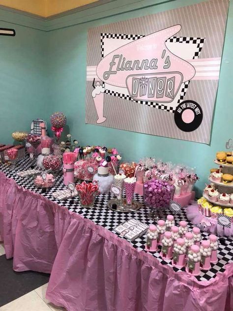 Elianna's 1st Birthday Sock Hop | CatchMyParty.com 1950s Party Ideas Decoration, 50s First Birthday Party, Grease Movie Party Ideas, 1950 Party Ideas, Women Party Themes, 1950s Birthday Party Theme, 50s Birthday Party Theme, 50s Party Ideas, 50s Themed Party Ideas