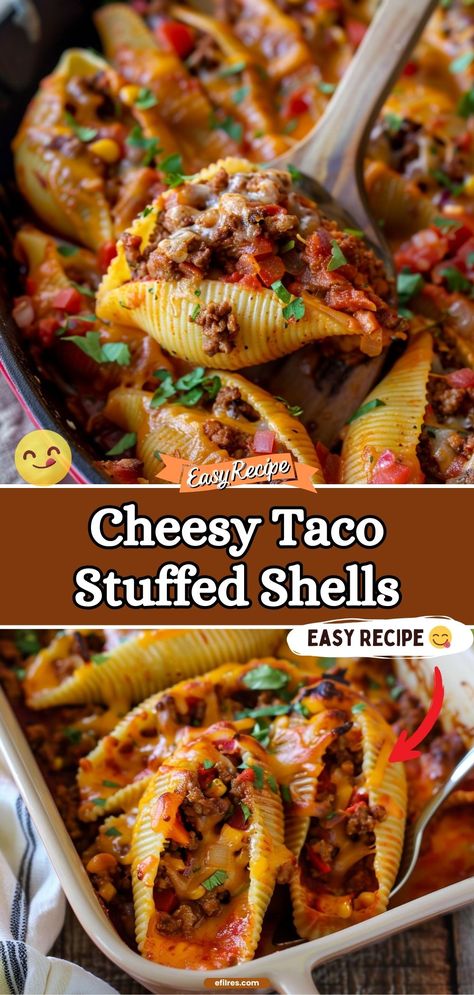 Enjoy a fun twist on tacos with these Taco Stuffed Shells, filled with savory taco meat and topped with cheese. It's a festive and flavorful dish that combines the best of Italian and Mexican cuisines. #TacoTuesday #StuffedShells #FusionFood Italian Tacos, Taco Stuffed Pasta Shells Recipe, Stuffed Taco Pasta Shells, Taco Filled Pasta Shells, Vegetarian Taco Stuffed Shells, Taco Tuesday Ideas, Mexican Stuffed Shells Vegetarian, Cheese Taco Shells, Mexican Stuffed Shells