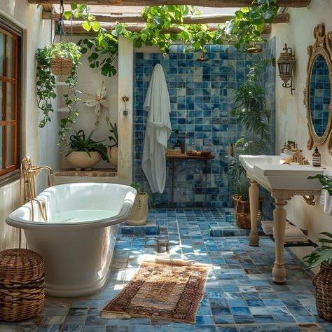 Mosaic Bathroom Shower Wall, Mediterranean Guest Bathroom, Mediterranean House Bathroom, Turkish Tiles Bathroom, Mediterranean Art Deco, Sea Blue Bathroom, Blue Mediterranean Bathroom, Bathroom With Skylight Ideas, Mediterranean Interior Design Bathroom