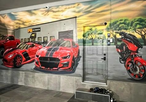 Corvette, Mustang, Harley  Shelby F150, painted Mural, home mural, garage artwork, mancave mural Garage Mural Ideas, Mural Painting Ideas, Painting Ideas Interior, Garage Mural, Library Mural, Outdoor Mural, Garage Paint, Painted Mural, Mural Inspiration