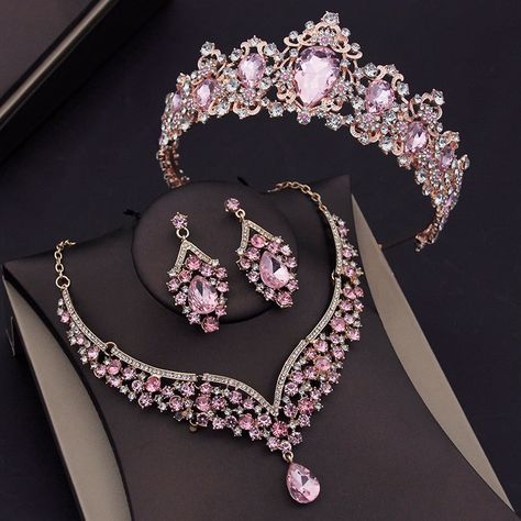 Tiara Necklace, Quinceanera Jewelry, Crystal Bridal Jewelry Sets, Pink Quince, Crystal Bridal Tiaras, Crystal Jewelry Sets, Tiara Crown, Choker Pendant, Pink Jewelry