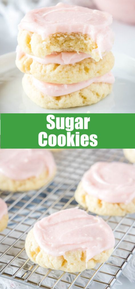 Sugar Cookies - the best thick, soft, and fluffy bakery style sugar cookies with a sweet frosting. You will never have to go to the store for cookies again! Soft White Cookies, Soft Iced Sugar Cookies, Iced Butter Cookies, Best Soft And Chewy Sugar Cookies, Gooey Sugar Cookies, Soft And Fluffy Sugar Cookies, Big Sugar Cookie Recipe, Soft Drop Sugar Cookies, Soft Fluffy Sugar Cookie Recipe