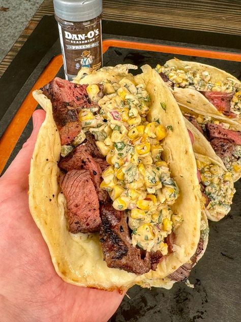 Grilled Steak Elote Tacos - Grill Nation - Recipes, Grills and Grilling Products Essen, Elote Tacos, Grill Nation, Grilled Taco, Griddle Recipes, Steak Tacos, Grilled Dinner, Grilled Steak, Satisfying Food