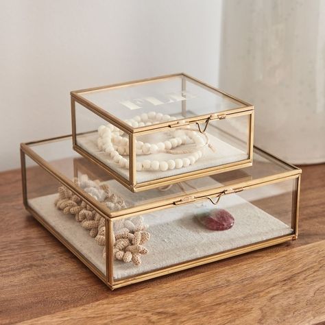 5 Ways to Decorate with Matchbooks | The Everygirl Jewelry Box Glass, Glass Shadow Boxes, Gold Glass Jewelry Case, Glass Jewelry Boxes Display, Jewelry Organization Aesthetic, Aesthetic Makeup Organization, Jewlerie Organization, Glass Box Decor, Jewlrey Organization