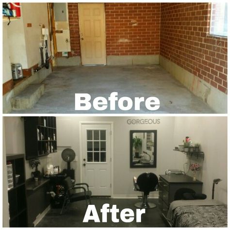 My garage to new salon conversion!  No more little basement salon for me! Garage Into Salon Ideas, Loc Salon Ideas, Turn Garage Into Hair Salon, Garage Into Salon, Garage Lash Studio, Garage To Salon Conversion, Salon Garage Conversion, Garage Beauty Salon Ideas, Salon In Garage Ideas