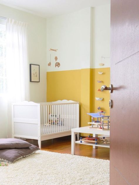 Color Blocking: Two-Tone Walls in Kids' Rooms Kids Bedroom Paint, Yellow Kids Rooms, Half Painted Walls, Yellow Accent Walls, Two Tone Walls, Colorful Kids Room, Yellow Nursery, Yellow Home Decor, Yellow Walls